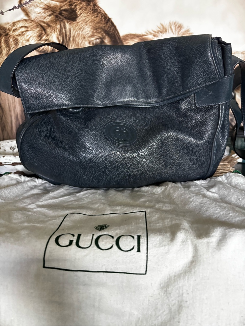 Vintage GUCCI Navy Blue Leather
Crossbody Messenger Bag
Rare Find